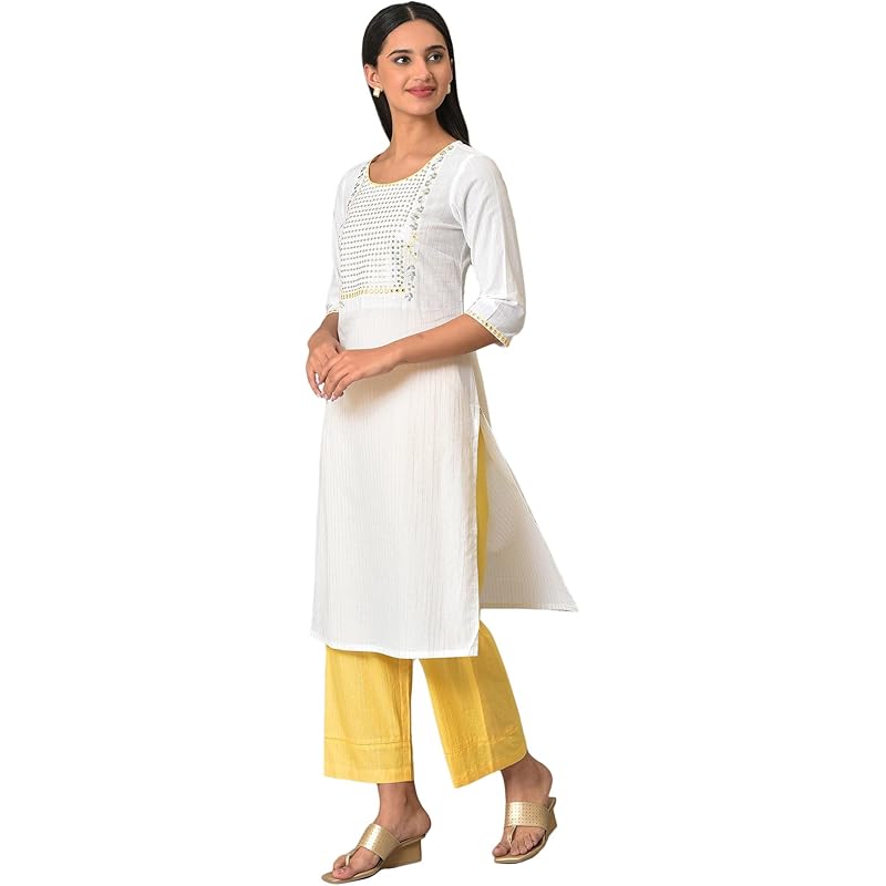 Aurelia Women s White Embellished Cotton Straight Long Kurta XL белый