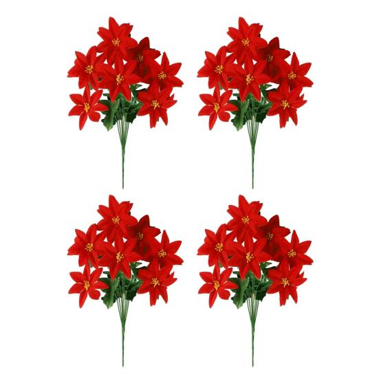 13 Inch Artificial Poinsettia Flower 5/7 Heads Red Fake Poinsettia Faux Silk Poinsettia Bouquet with Stem for New Year Floral Arrangement Home Decor