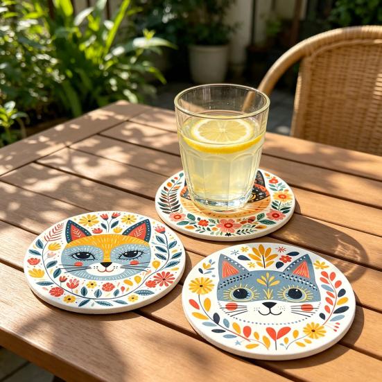 Solid Wood Cup Holders for Workstation 6 Pcs Cute Cat Coasters, Thick Heat-Resistant Coaster Tabletop Protection, Non-slip Mats Non Slip Drink