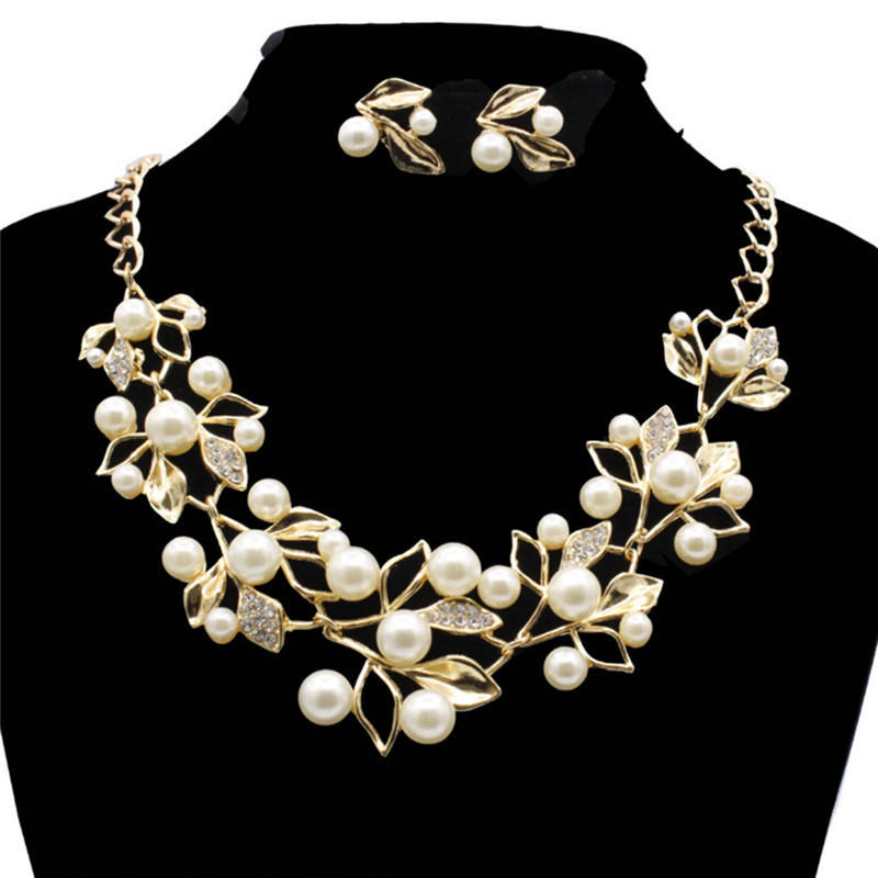 Pearls  Tree Leaves Necklace Earring  Elegant Ladies Luxury Jewelry Set