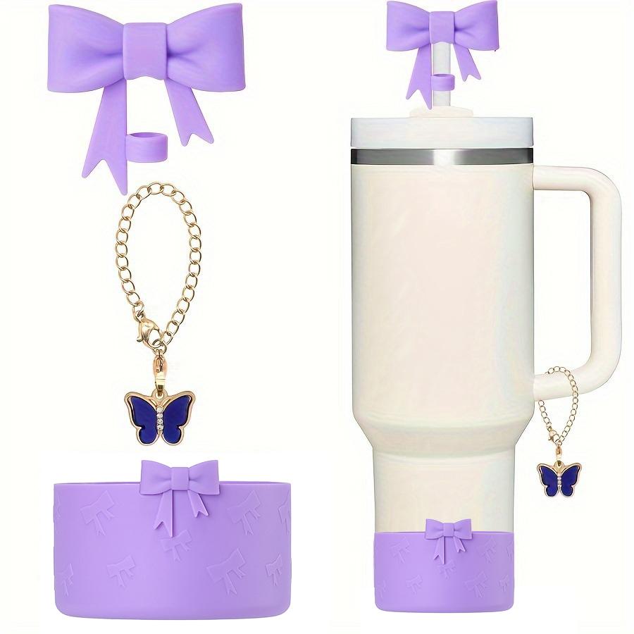 3Pcs Bow Straw Cap Covers Toppers Accessories for Stanley 30&40 Cups Silicone Boot Butterfly Charm Chain for Tumbler with Handle