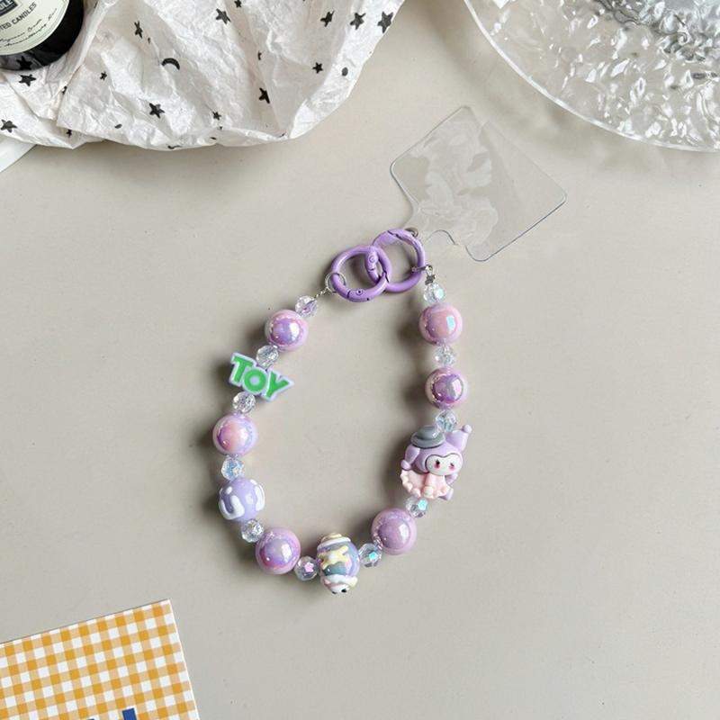 Sanrio Beads Phone Pendant Hello Kitty Kuromi Melody Keychain Wrist Strap Bag Decor Car Keyring W/Card