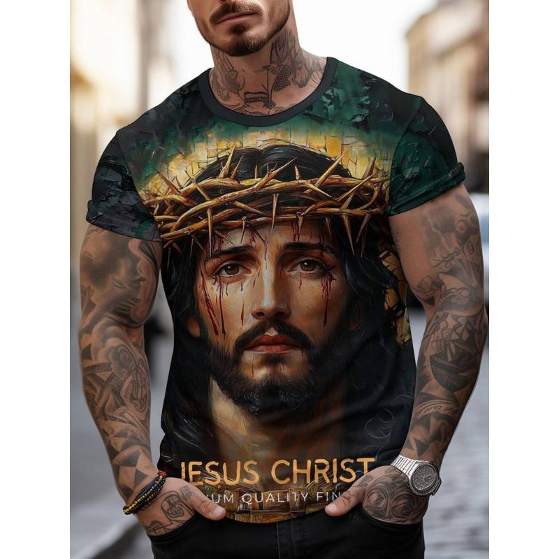 

Summer Round Neck 3D Western Figure Print Top Fashionable Casual Short Sleeved Men s T-shirts 6XL