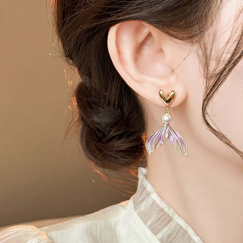 2024 New Fashion Gradient Fishtail Pearl Drop Earrings for Women Elegant Sweet Long Asymmetry Temperament Earrings Zircon