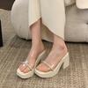 French Rhinestone Thick-soled Thick-heeled Cool Slippers for Women's Summer Wear 2025 New Fairy-style Transparent High-heeled One-word Slippers