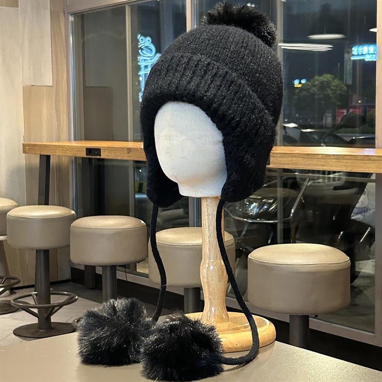 

Women Wool Knitting Winter Warm Beanies Cute Pompom Solid Color Ear Protection Hats Korean Girl Windproof Pullover Earmuffs Cap