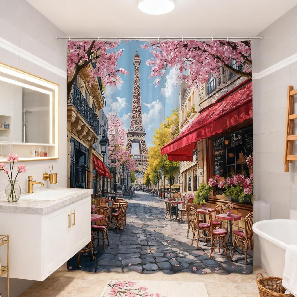 French Paris Eiffel Tower Shower Curtain Oil Painting European City Street Landscape Modern Romantic Vintage Scenery Pink Floral