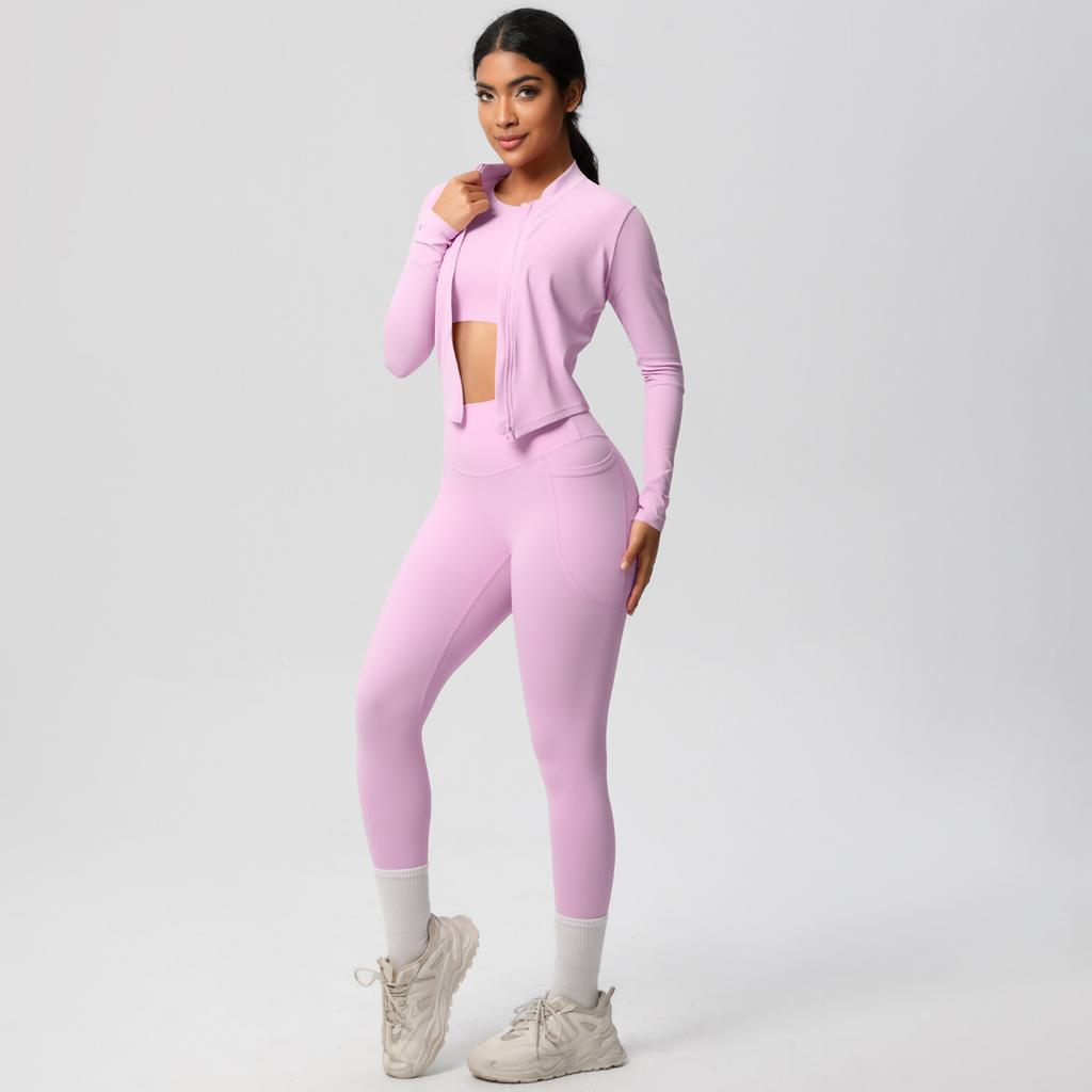 High Waisted, Hip Lifting, Tight Fitting, Quick Drying Yoga Suit Set, Cloud Inspired Running And Fitness Sportswear Three Piece Set For Women