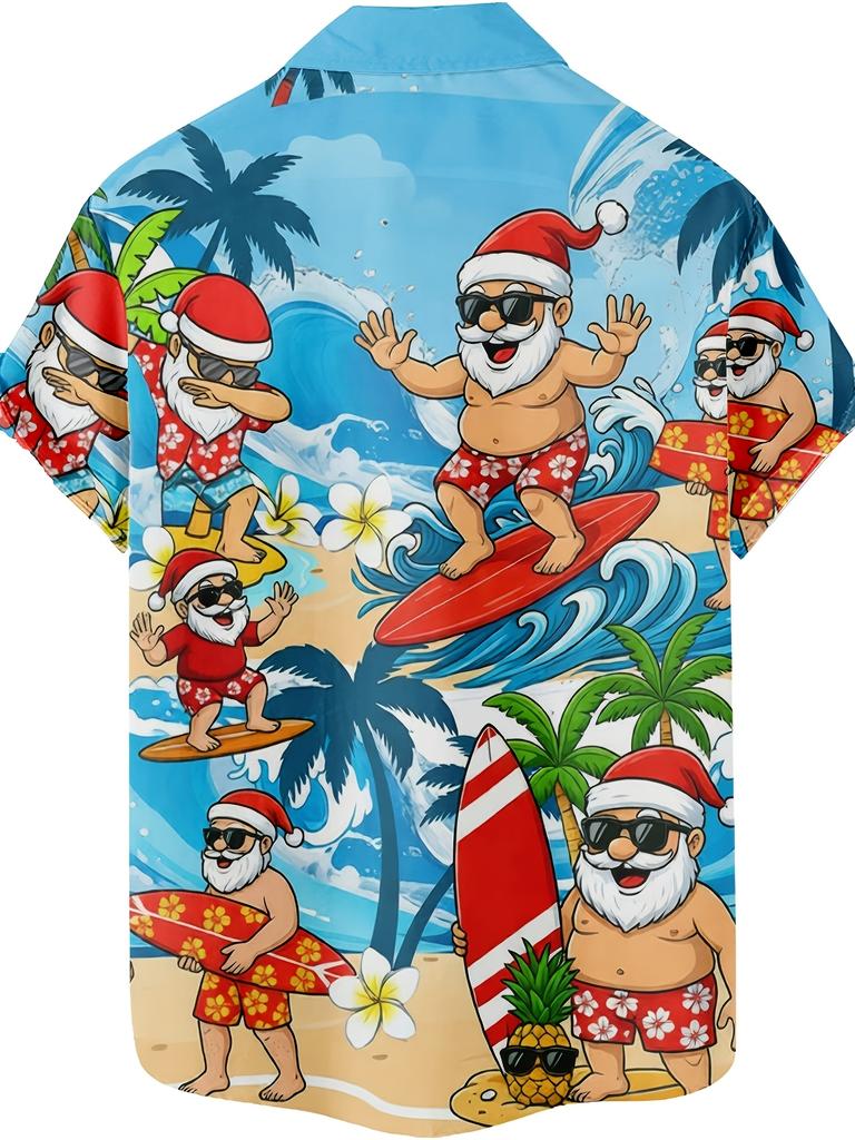 Hawaiian Casual Short-Sleeve Shirt with a Surfing Santa Claus Print