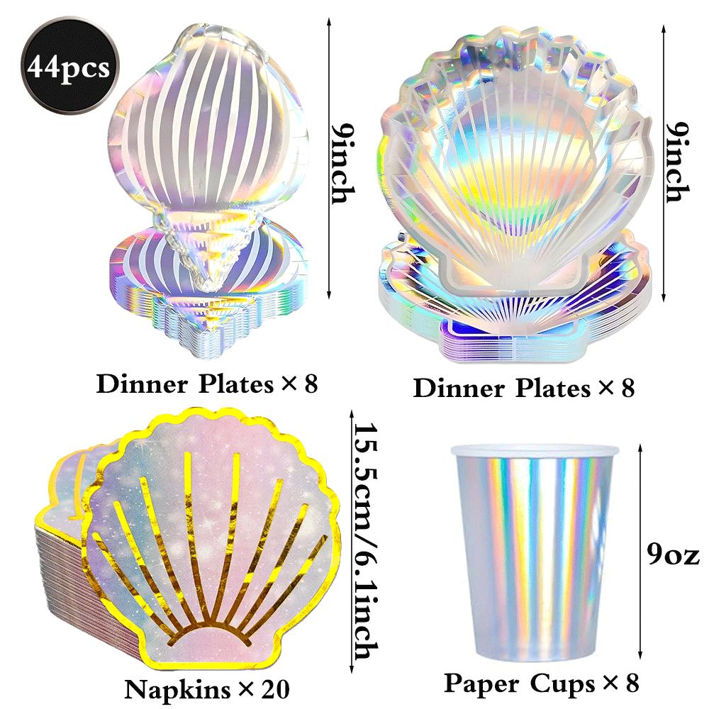 Holographic Mermaid Party Decorations Iridescent Under The Sea Girls Birthday Shell Tableware Plates Cups Tablecloth Baby Shower