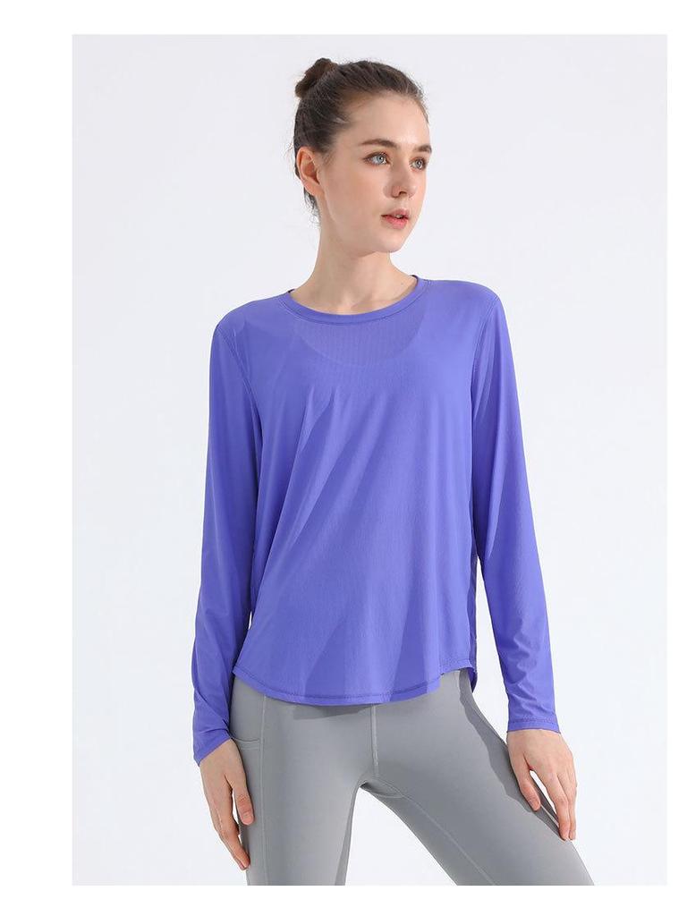 Women's Breathable Long Sleeve Round Neck Yoga Top - Slim Fit Running Fitness T-Shirt