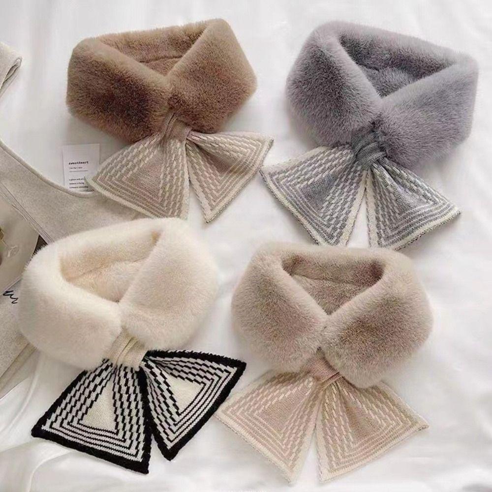Winter Warm Solid Color Cross Scarf Faux Rabbit Fur Plush Thicken Neckerchief Wrap Neck Warmer Women