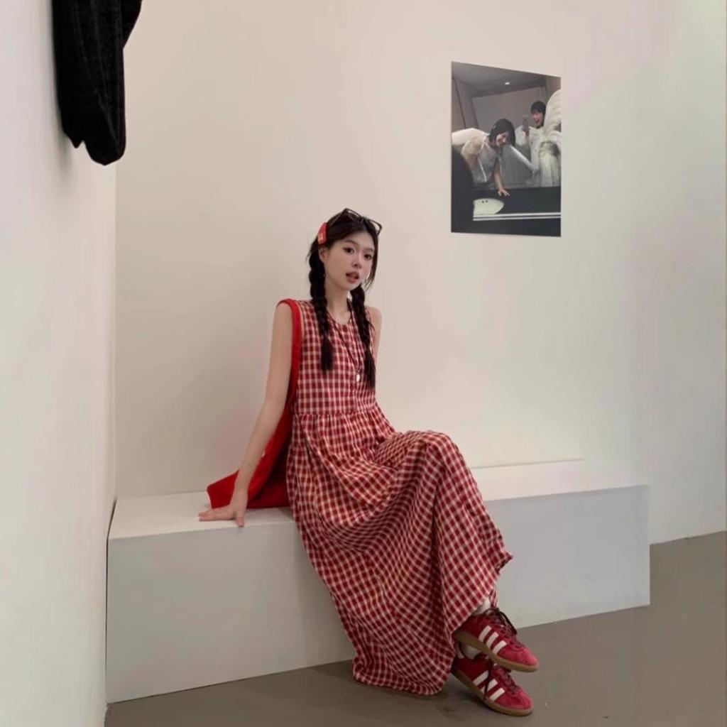 Women's Sweet & Spicy Red Plaid Sleeveless Tank Dress - Spring 2025 Collection, Loose Fit, Single-Breasted, Long Lazy Style