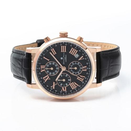 Salvatore Marra Men's Watch, Simple, Slim, Analog Quartz Movement, Chronograph, Leather Strap, Pink Gold, Black with Cross, PGBK