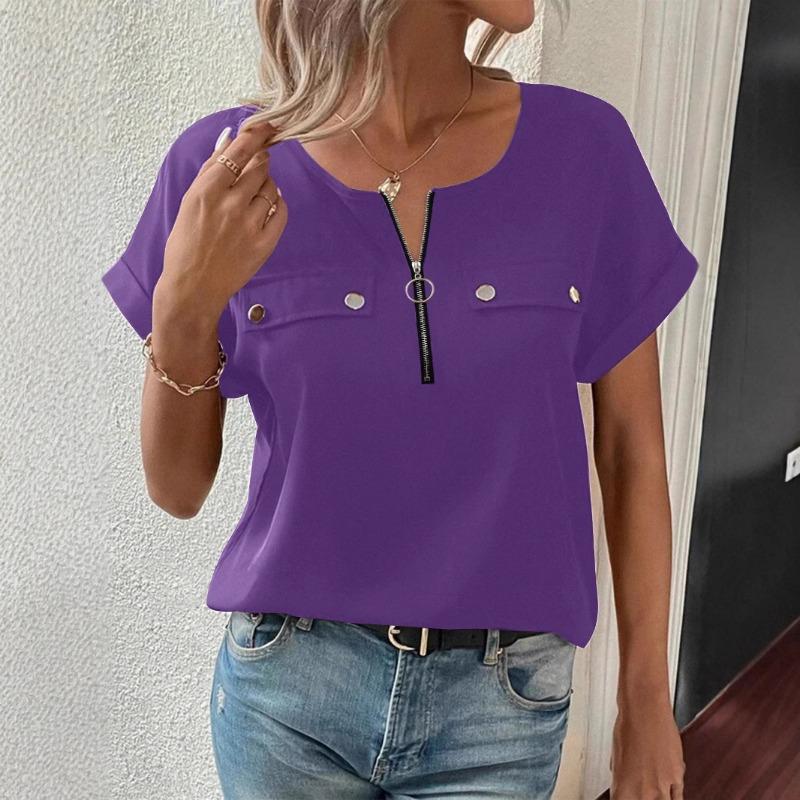Women Summer Half Zip Pocket Detail Rolled Short Sleeve Multi Color Casual Loose Fit Blouse