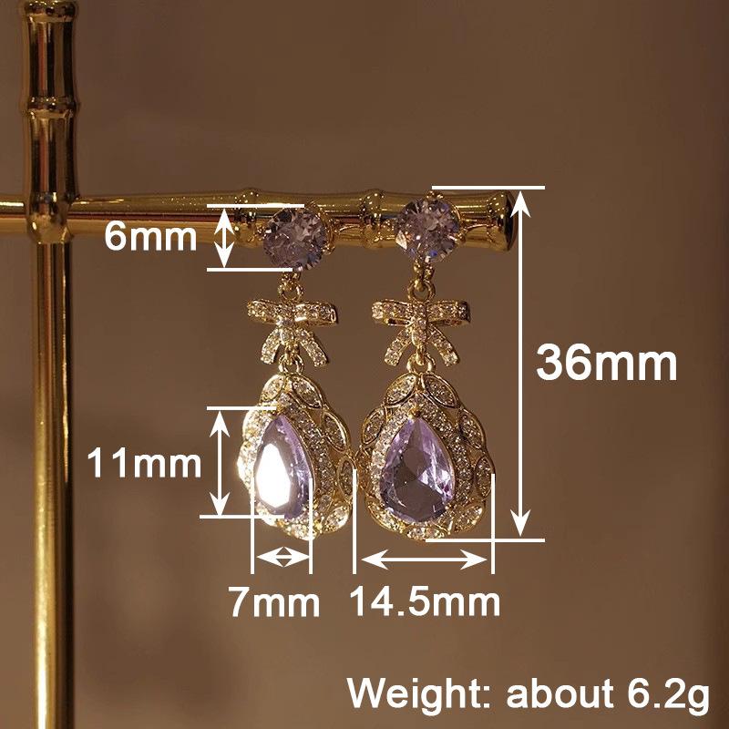 French purple water drop earrings, bow zircon light luxury jewelry, unique design temperament spring earrings