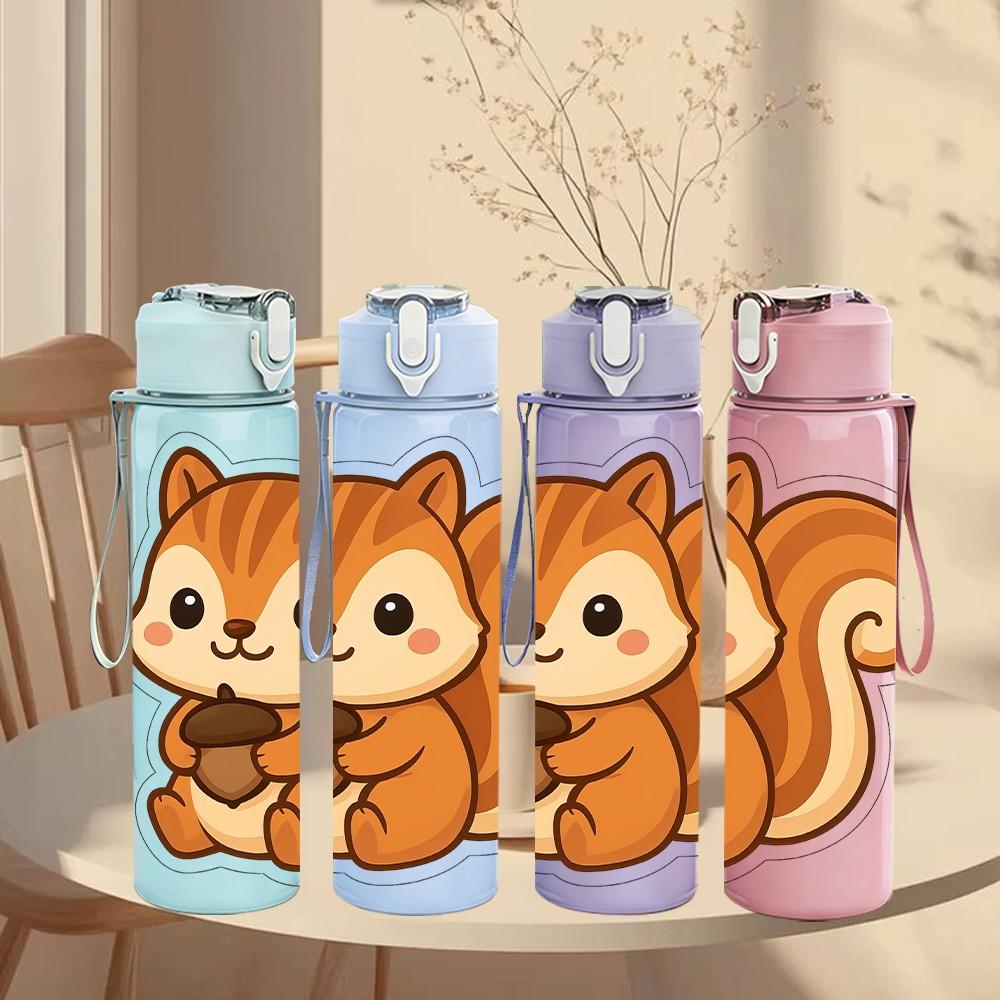 1PC Cute Sitting Squirrel Cartoon Print 750ml Color Plastic Sports Water Bottle Leakproof Flip Straw Lid Suitable for Sports Office Home Use
