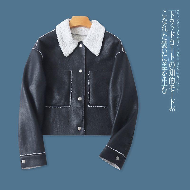 

PU Leather Lamb Wool One-Piece Coat Winter New Arrival Foreign Trade Women s Clothing Lapel Single Breasted Long Sleeves Large Pocket 30294 Black B- 9-27-2 S