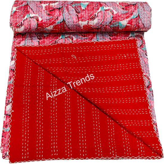Aizza Trends Handmade Pure Cotton Printed Kantha Quilt  - Traditional Look Bed Spread Kantha Gudri - Vintage Hand Stitch Gudri