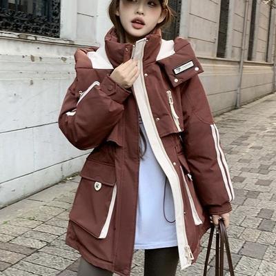 New Contrast Waist Hooded Coat Long Plus Velvet Coat Loose Down In Autumn and Winter Cotton-padded Jacket
