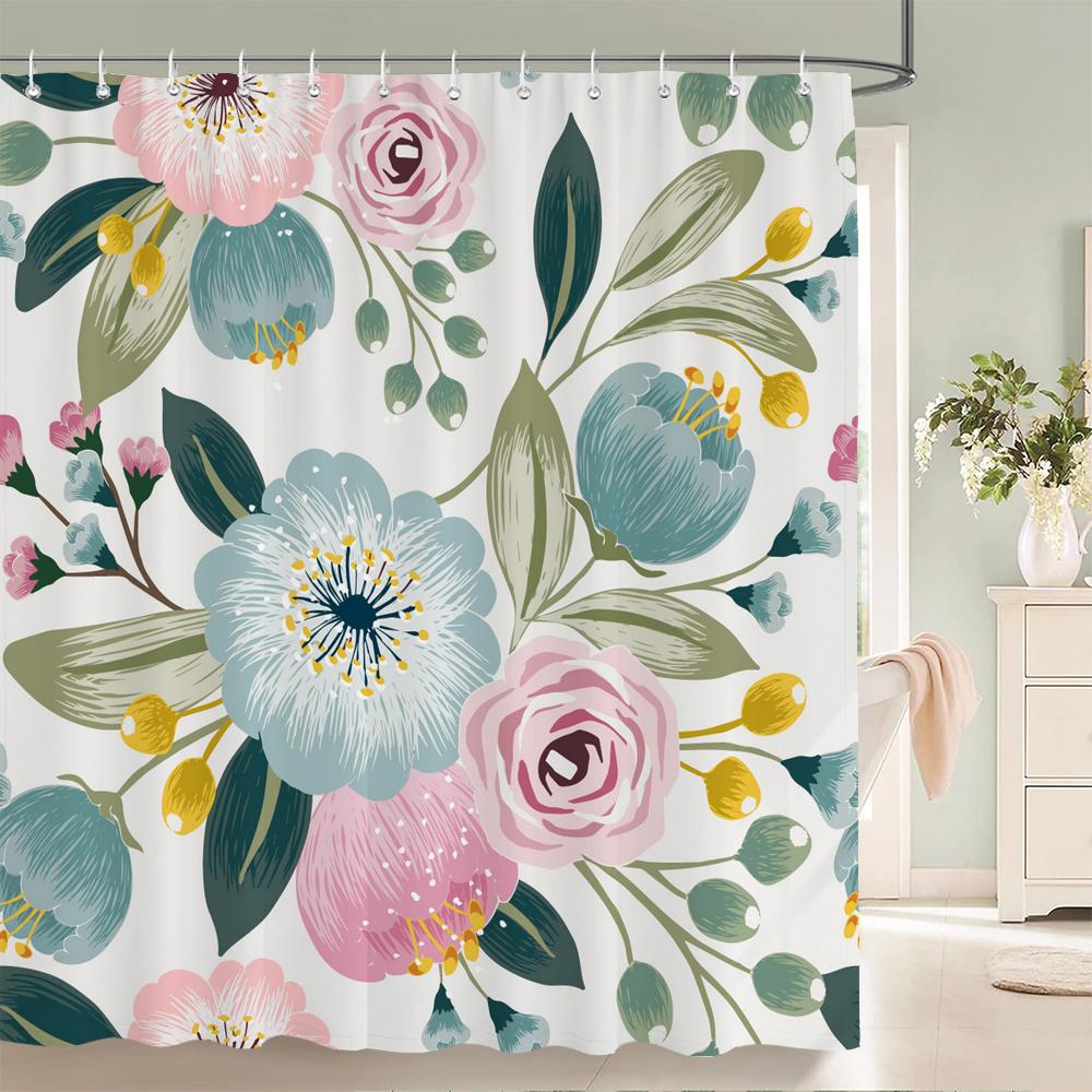 Flower Leaf Printing Shower Curtain Waterproof 3D Fabric Floral Plant Leaves Bathroom Curtain with 12 Hooks Home Decoration