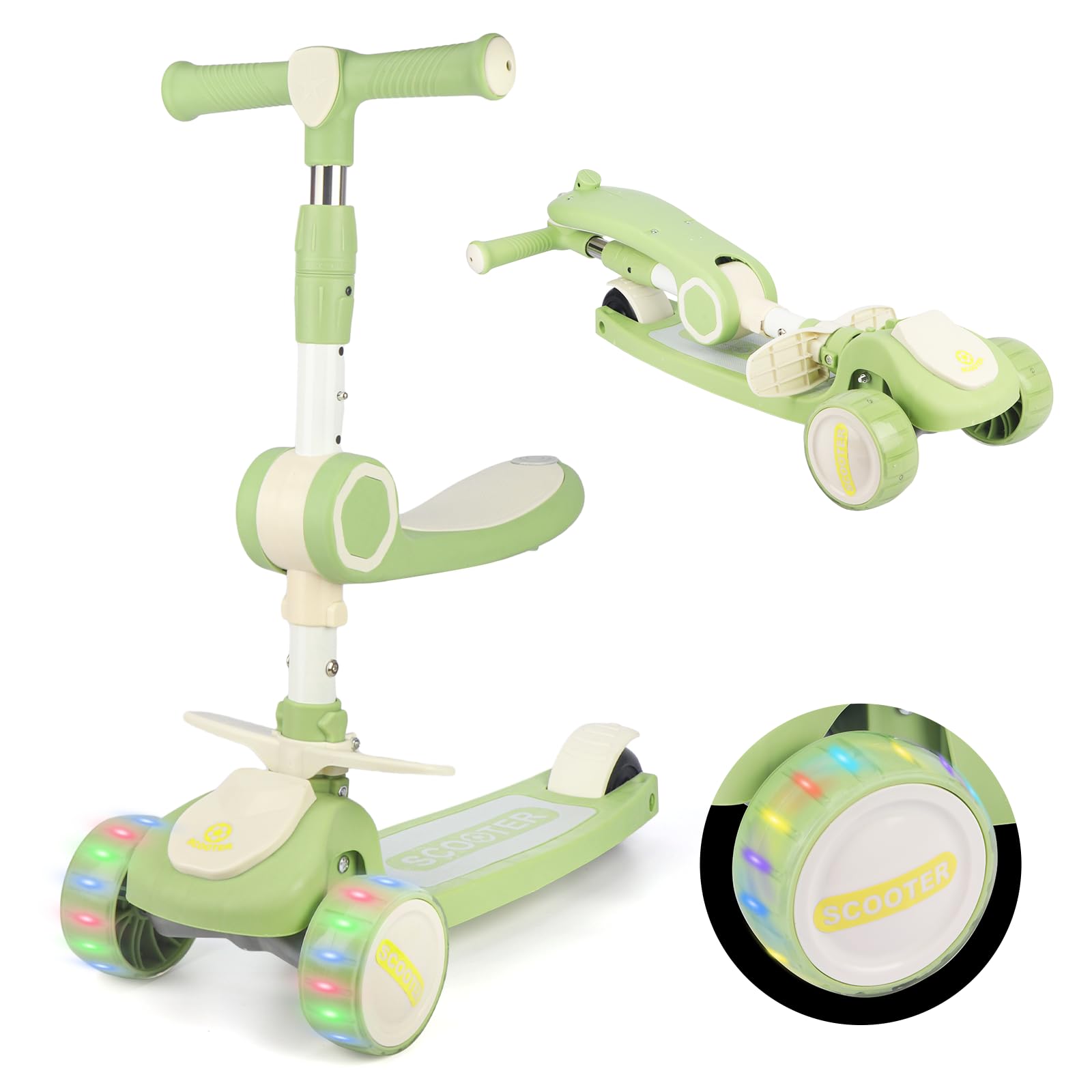 

Детский кик-скутер LittleSo, кикборд с сиденьем 4 высоты, светящийся светодиод, складной, направленный, грузоподъемность, подходит для подарков для улицы зелёный