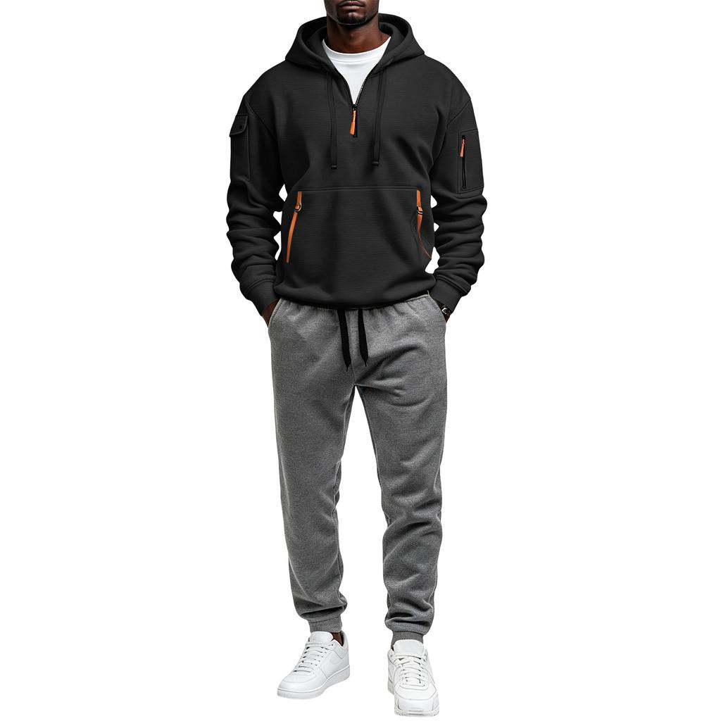 Men's Lined Hoodie Sweatshirt Set with Zipper and Multiple Pockets Casual Winter Outfit