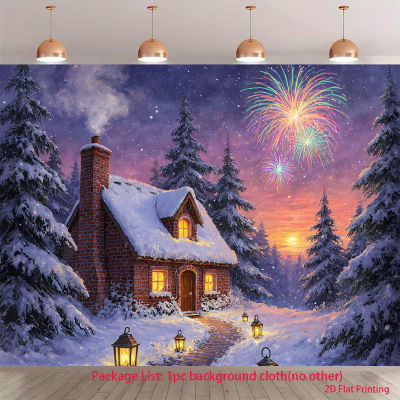 

2D Winter Cottage Backdrop Snowy Pine Trees Holiday Party Background 47.2x31.5inch/120*80cm