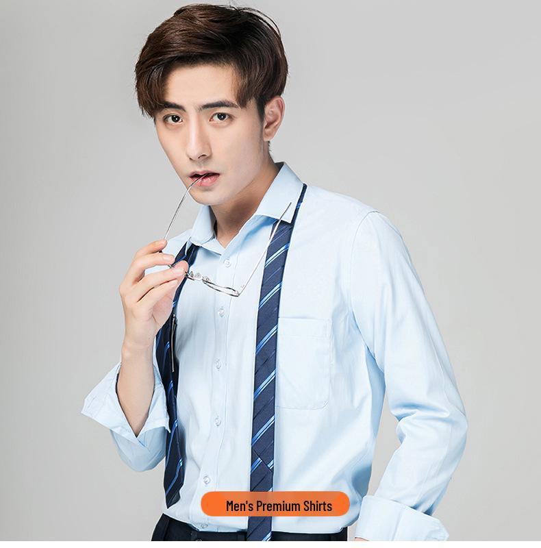 Men's Korean Style White Cotton Long Sleeve Shirt - Formal Business Attire for Middle-Aged & Young Professionals.