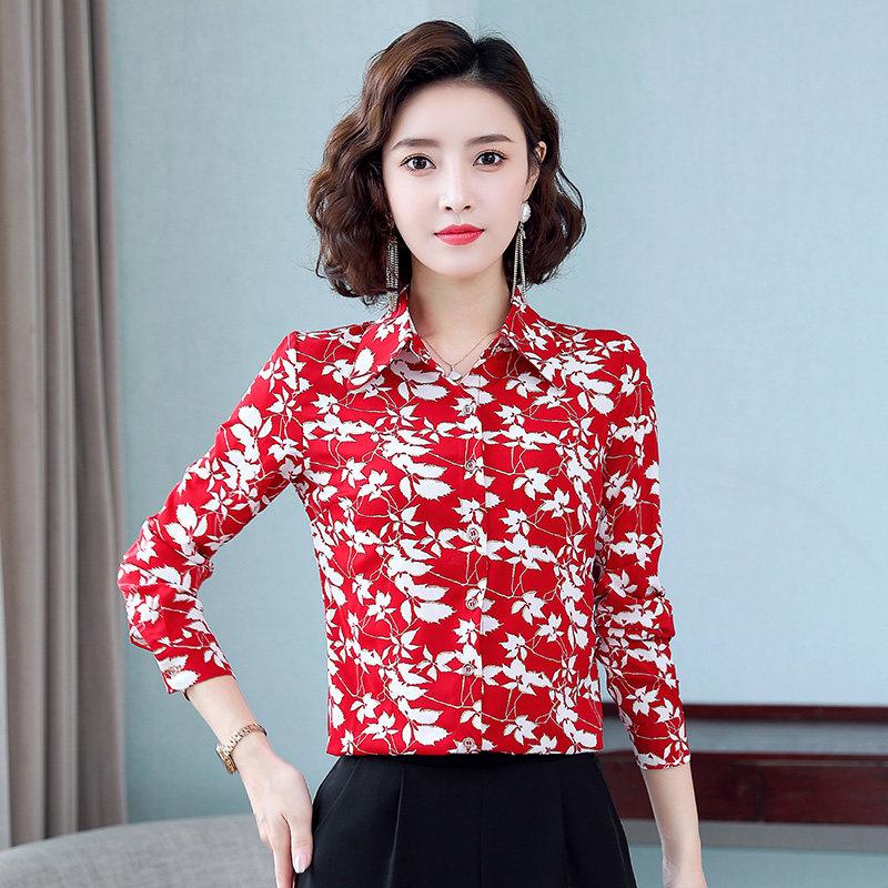 Camisa de Chifón Floral de Otoño para Mujer de Corte Slim Retro de Manga Larga