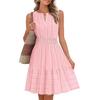 Vestido Corto de Verano Casual para Vacaciones, de Tirantes, Cuello en V, Color Sólido, Cintura Elástica, Dobladillo con Volantes, Corte A, con Movimiento