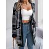 Women Casual Color Block Plaid Pocket Long Sleeve Open Cardigan Sweater Coat