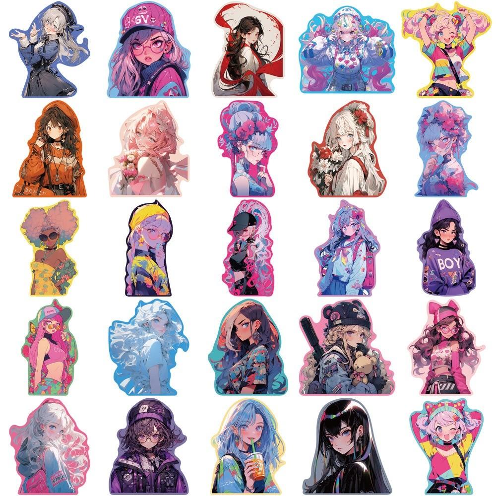 

50-Piece Cute Sweet-Style Girl Stickers - High-Aesthetic Colorful-Edged Decor for Phones, Luggage, Motorcycles, Notebooks
