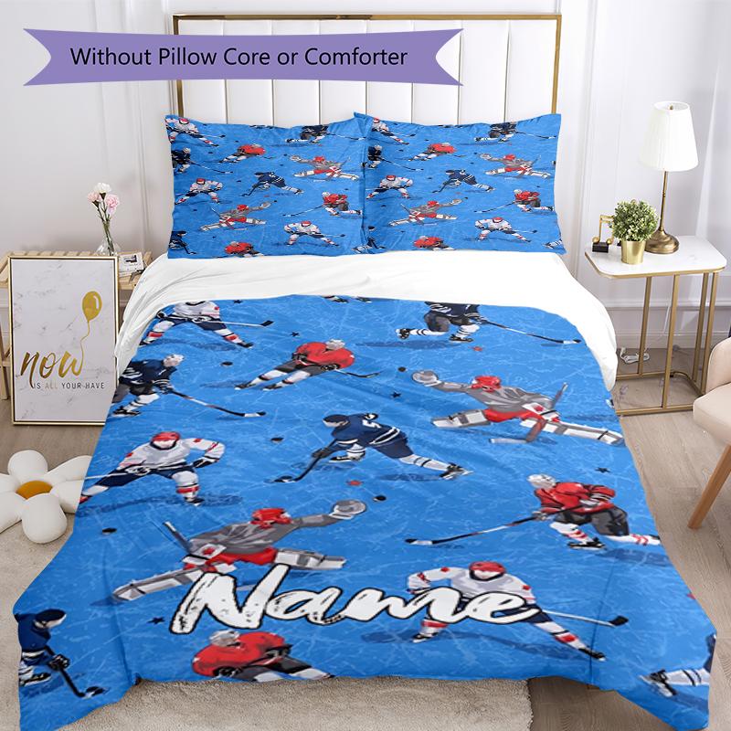 3pcs Custom Name ice hockey Bedding Set Duvet Cover Closure Includes 1 Duvet Cover & 2 Pillowcases, Soft and Comfortable for All Seasons.