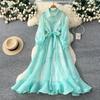 Light luxury long-sleeved lantern-sleeved mesh dress women's summer lace-up waist A-word elegant long dress commuting