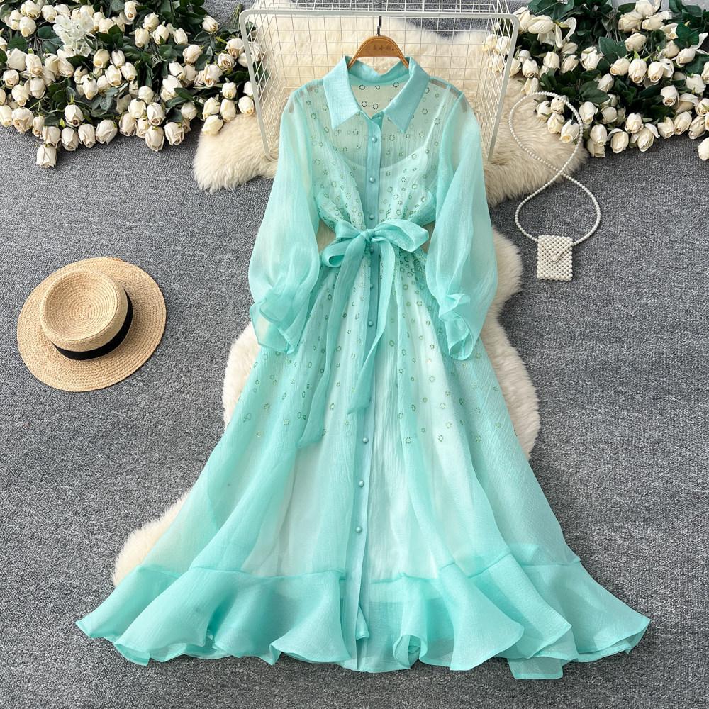 Light luxury long-sleeved lantern-sleeved mesh dress women's summer lace-up waist A-word elegant long dress commuting