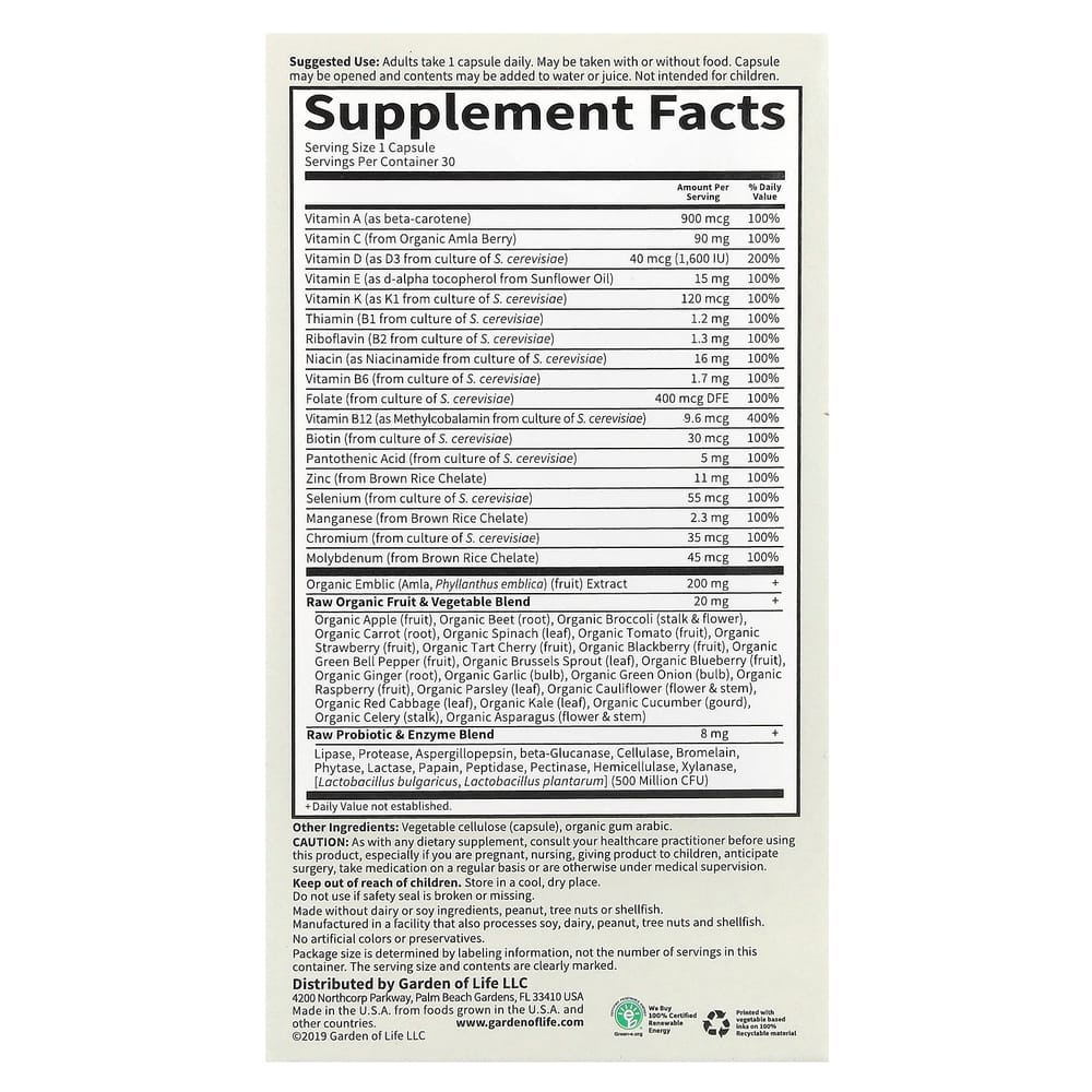 Garden of Life Vitamin Code Raw One Männer Einmal Täglich Multivitamin Pflanzliche Kapseln 30 Stück
