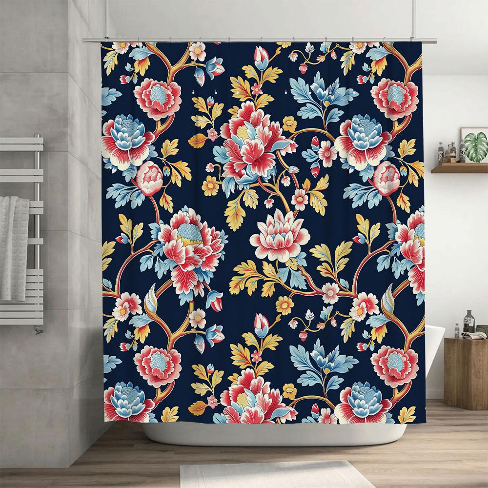 Luxurious Floral Shower Curtain Dark Blue Background with Pink White Flowers Pattern Modern Bathroom Decor Waterproof Fabric for