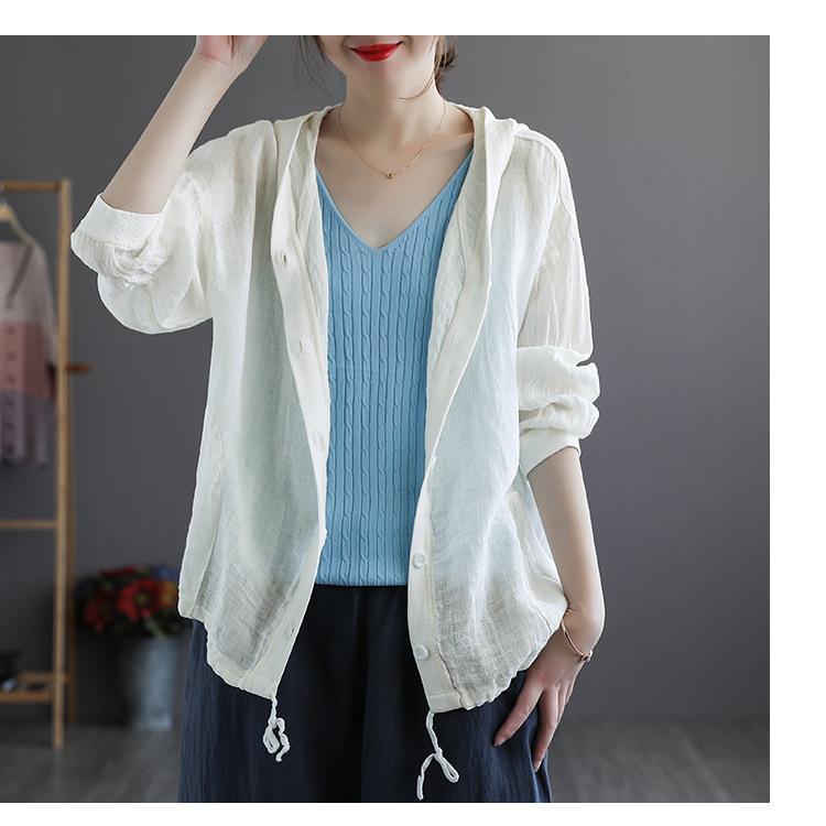 Cotton and Linen Cardigan Women's Summer Loose Hooded Long-sleeved Top Thin Short Jacket