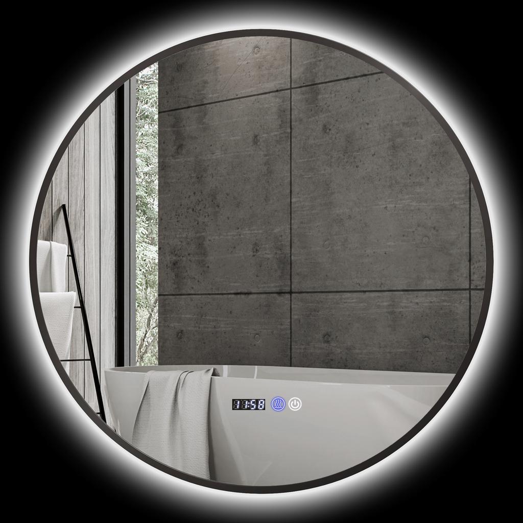 Round Bathroom Mirror With LED Lighting Dimmable Anti Fog Function Touch Switch Black