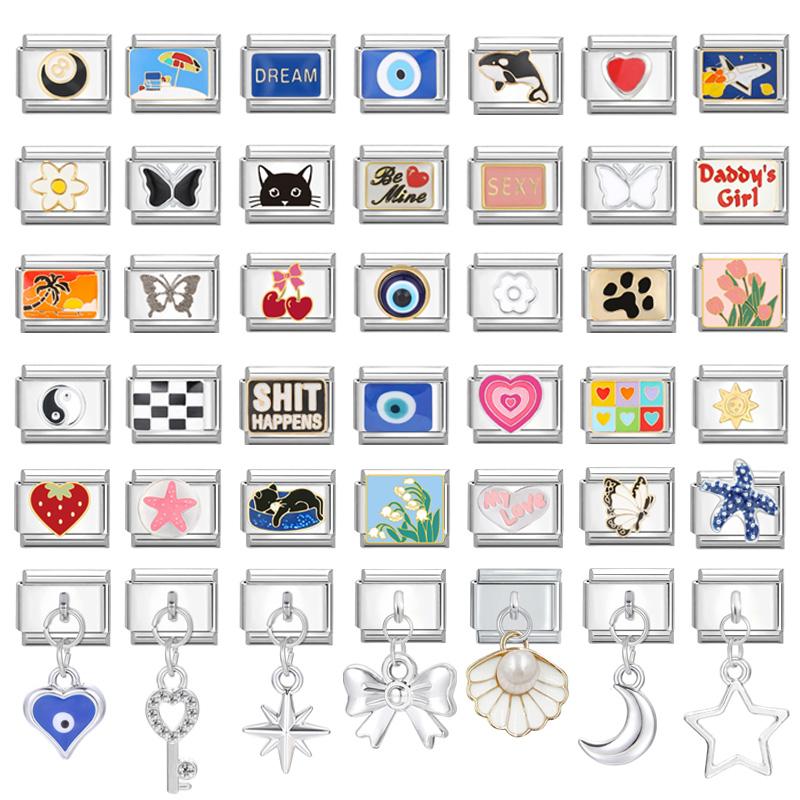 Fashion Devil Eyes Heart Star Flowers Italian Charm Links Stainless Steel Fit 9mm Bracelet Zircon DIY Making Gifts Wholesale