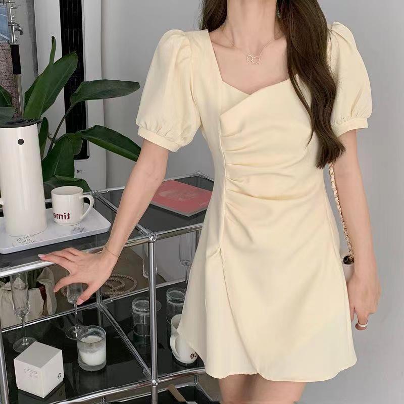 Summer Short Dress Solid Color Square Neck Waist Thin Bubble Sleeve Irregular Pleated Short Sleeve Dress