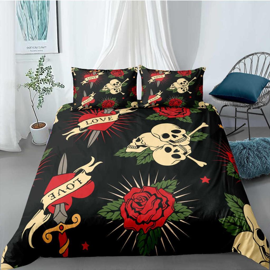 Gothic Death Moth Skull Duvet Cover King Size Microfiber Bedding Set For Teen Boy Skeleton Love Heart