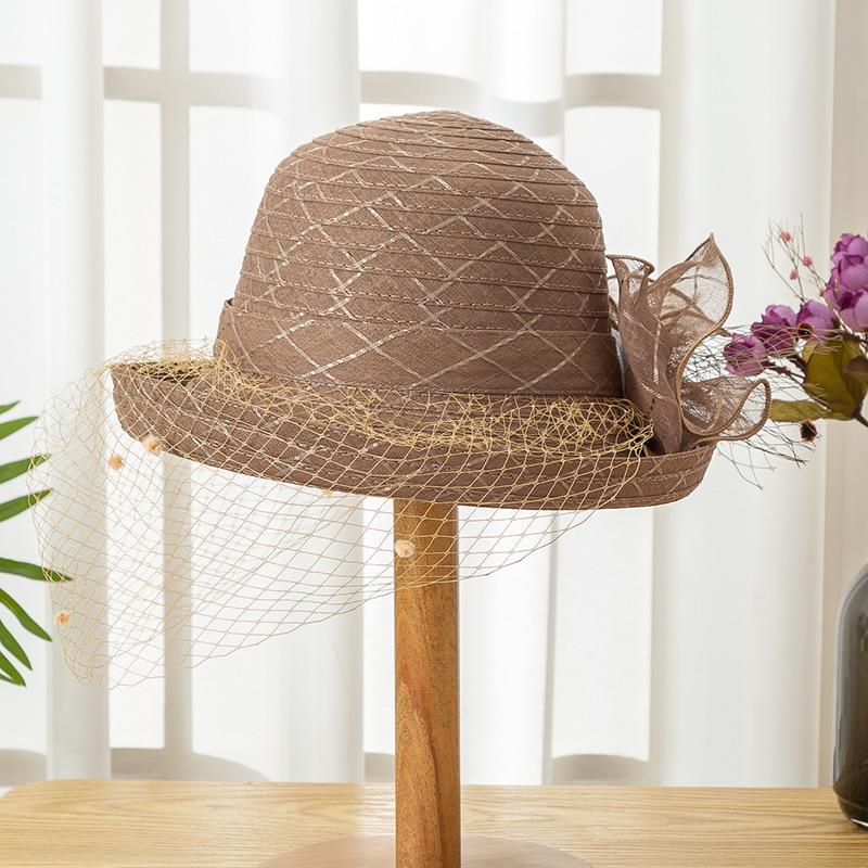 Curled Mesh Top Hat Summer Women's Fashion Hat Flower Veil Shade Basin Hat Sunscreen Sun Hat Large Brim