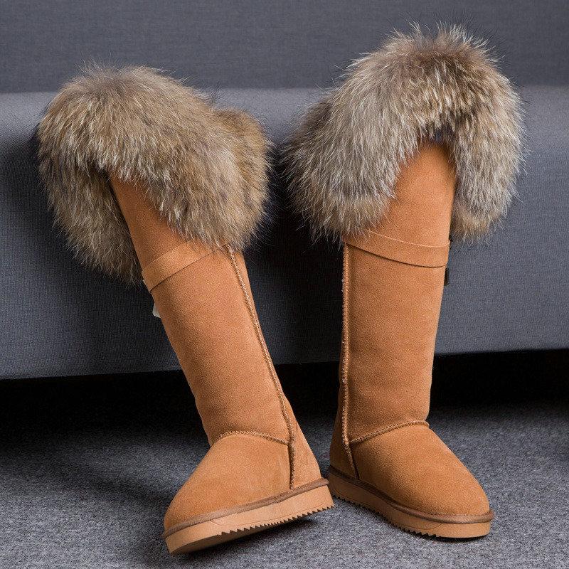 Fashion Snow Natural Fox Fur Snow Boots For Women Raccoon Leather Shoes Real Suede Leather Boots For Women Knee-High Winter Warm Shoes