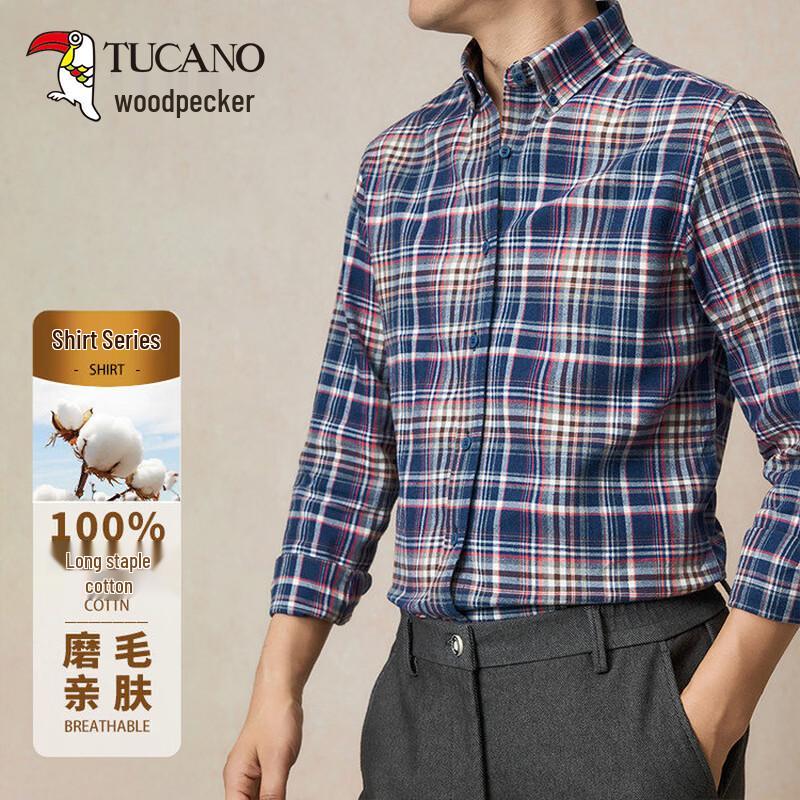 TUCANO Men s 100% Cotton Brushed Plaid Long-Sleeve Shirt L