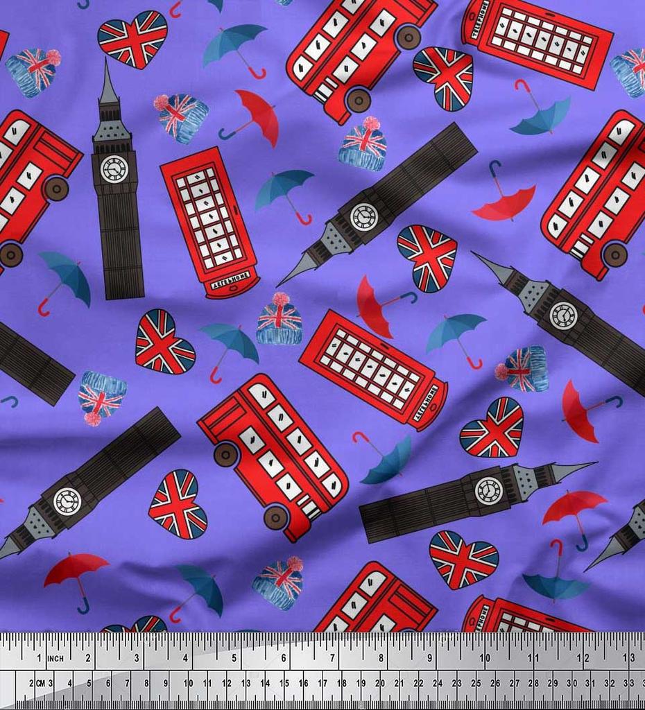 Soimoi Japan Crepe Satin Fabric Bus,Telephone Booth & London Clock Tower Architectural Print Sewing Fabric Metre 42 Inch