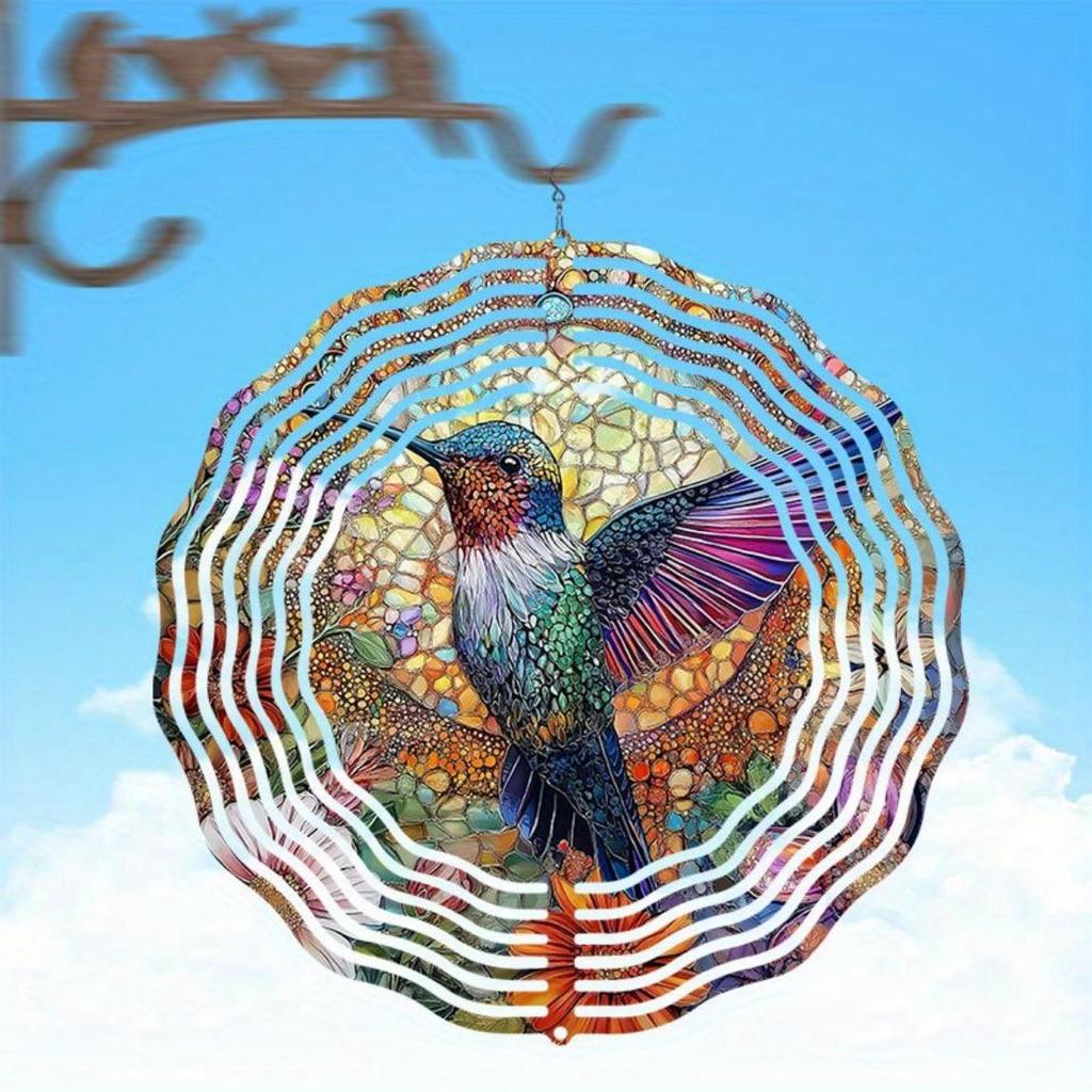 Håndlaget Kolibri Glass Vindspinner – Levende Hage- og Hjemmedekor, Kinetisk Vindklokke med Blomstermotiver