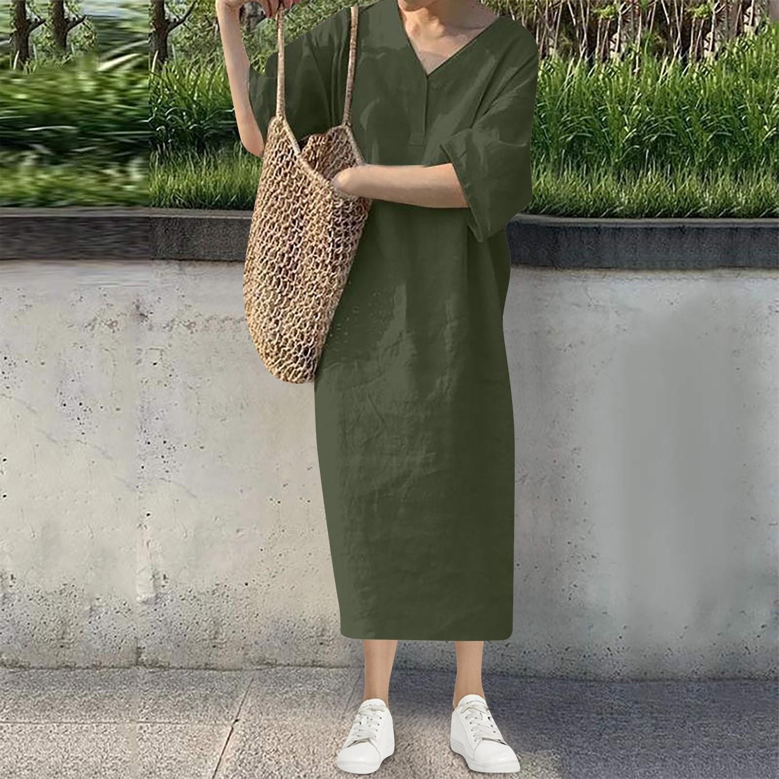 

Ladies Summer New Fashion Casual Loose Short Sleeve V-neck Solid Color Long Vest Dress L темно-зелений колір