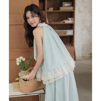 Summer Mint Green Neck Off-the-shoulder Sleeveless Top for Women + Elastic Waist Skirt Two-piece Set